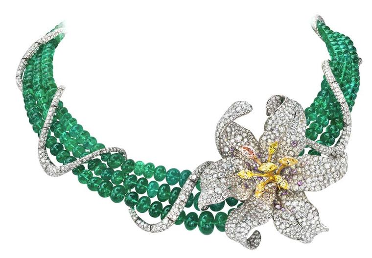 One of Anna Hu's latest creations, the emerald Turandot Lily necklace, pavé set with diamonds.
